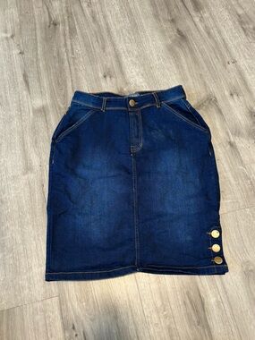Denim Pencil Skirt with Side Button Detail - Dark Blue
